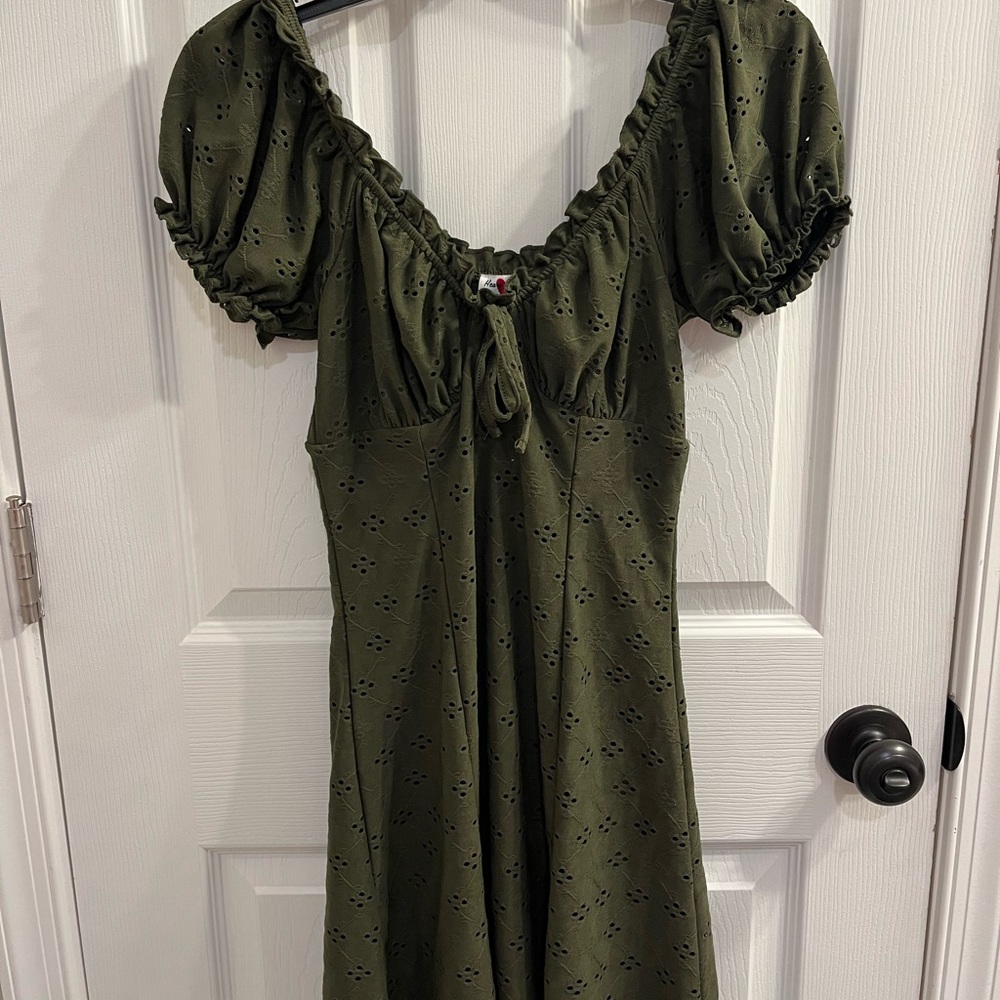 Green Puff Sleeve Scoop Neck Mini Sundress